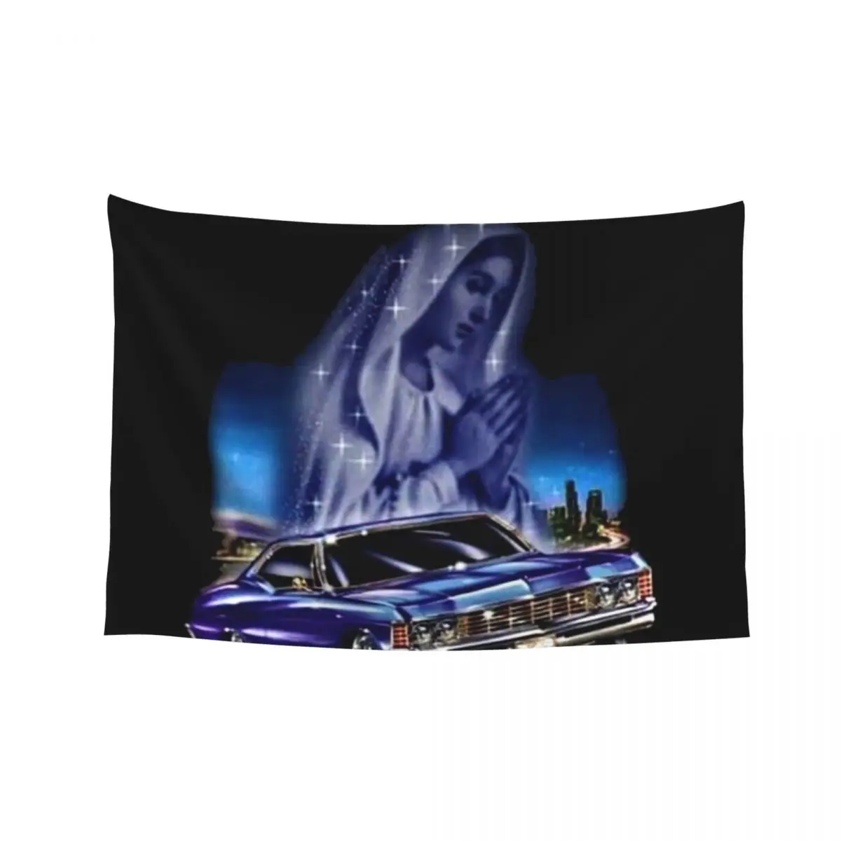 

Blues with Low Rider and Virgen Mary Tapestry Cute Room Things Wall Hanging Decor For Room Room Decorations Tapestry