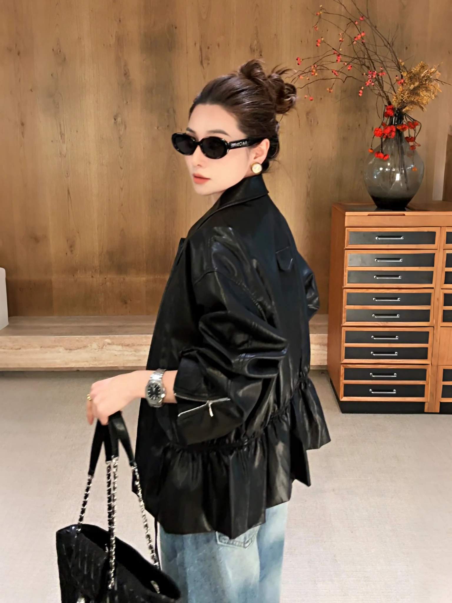 

Gothic Night Song New Sle Thin Bla Korean System Lychee Pattern Leather Jaet Monthly No Fi D60 Women's Faion Coat
