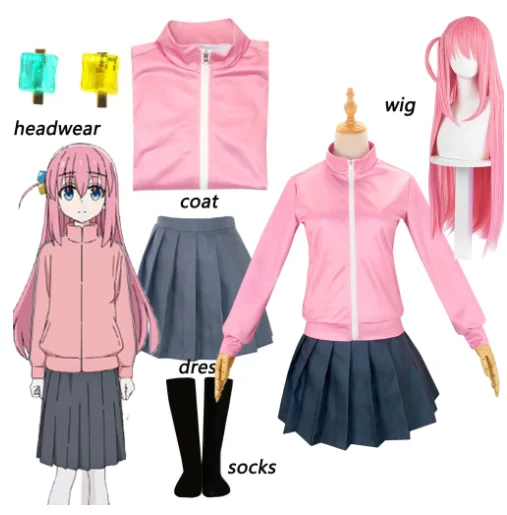 

Anime Bocchi The Rock Gotou Hitori Cosplay Costume Gotou Hitori Dress Pink Wig Uniform Jacket Skirt Girls Jk Halloween Outfit