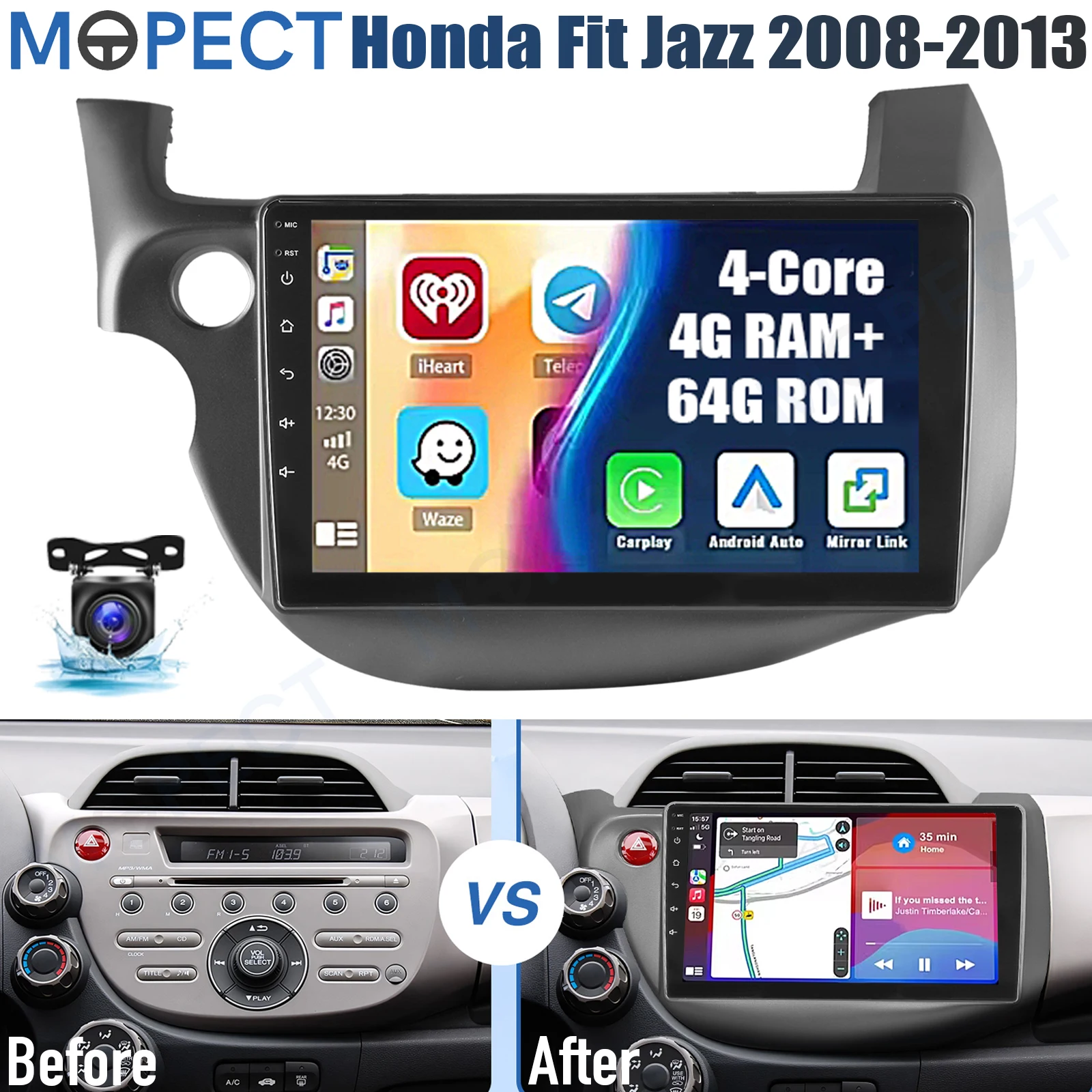 MOPECT 10 inch autoradio 4+64GB voor Honda Fit Jazz 2008-2013 Android 15 CarPlay AM/FM GPS Navigatie BT Touchscreen+DAB&DVR&Camera
