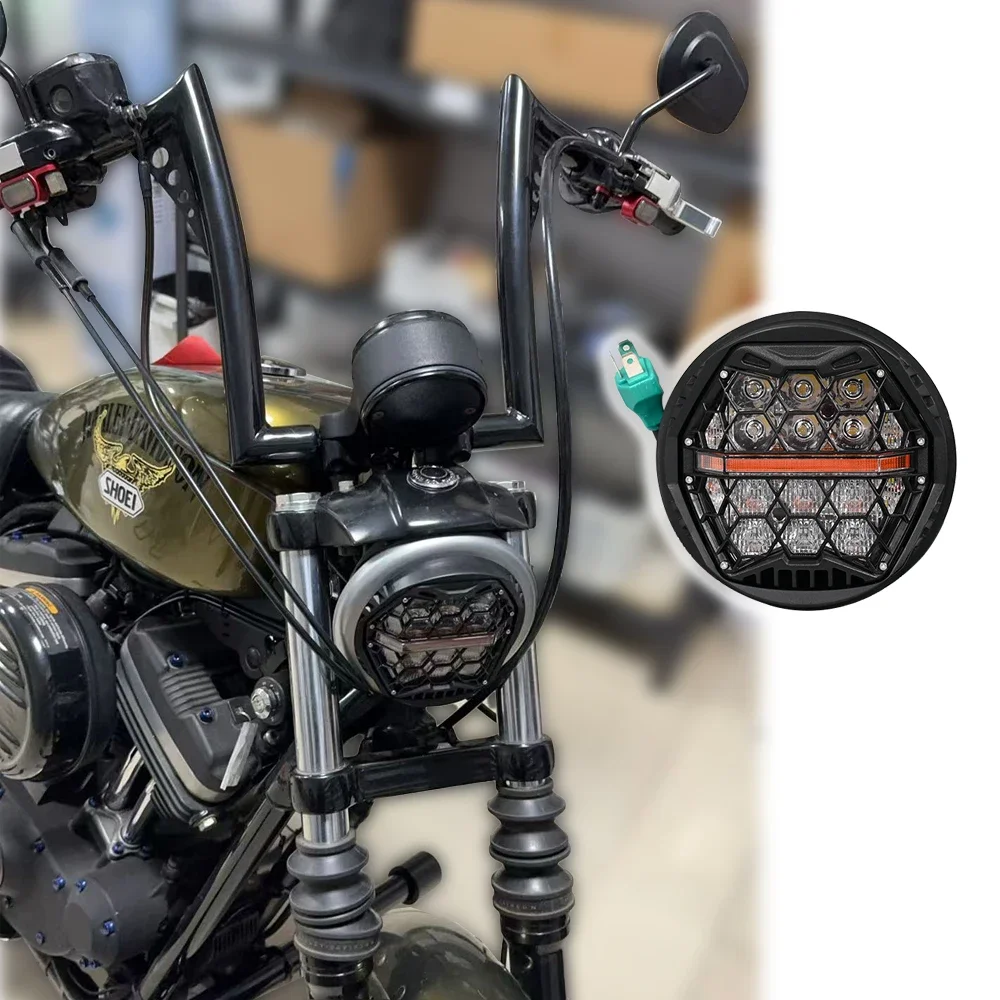 

5,75-дюймовая светодиодная фара DRL E24 для Harley Sportster Dyna Softail, мотоциклетная фара, янтарная DRL Hi/ближнего света