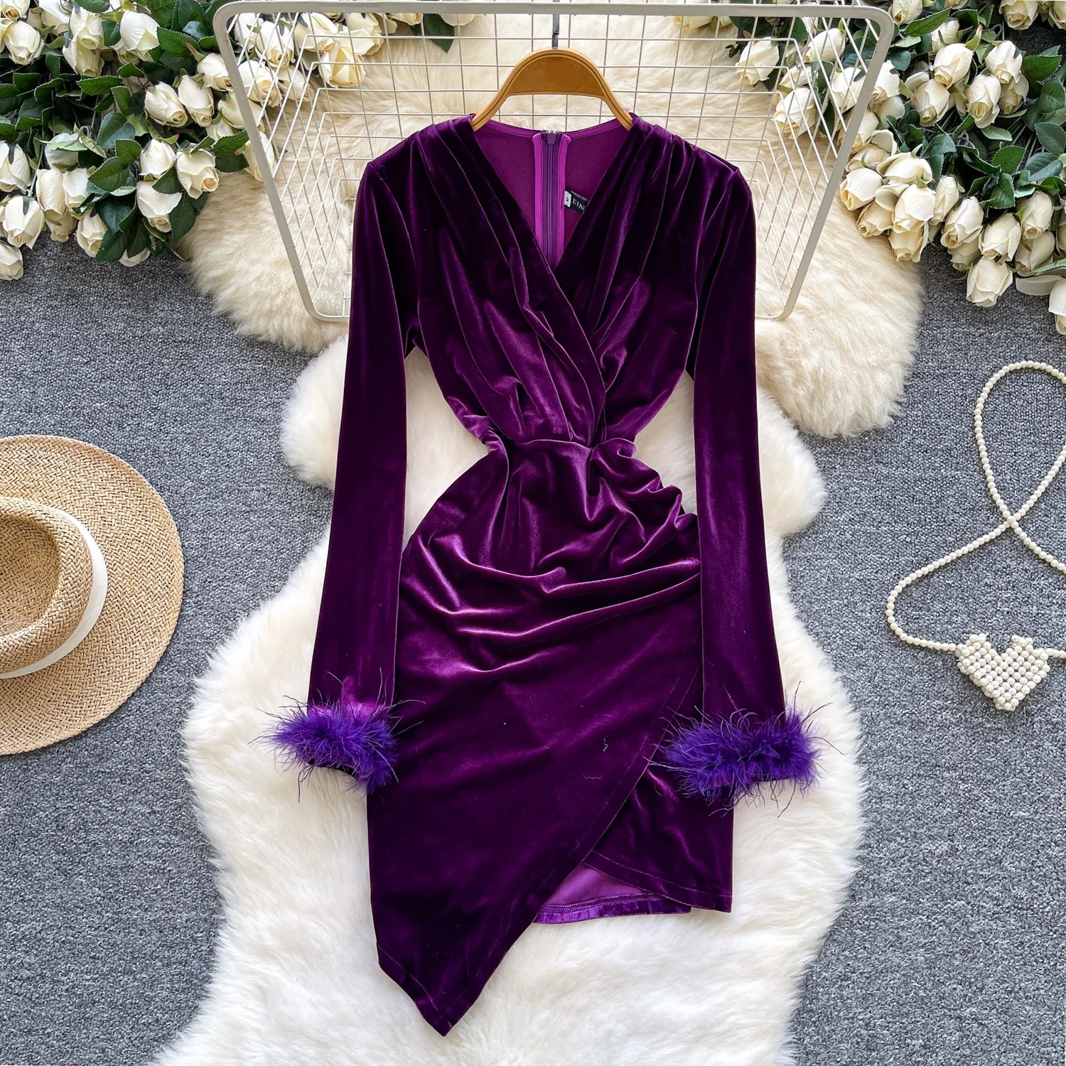 Clothland Women Vintage Velour Asymmetrical Dress V Neck Long Sleeve Feather Irregular Retro Mini Dresses QE270