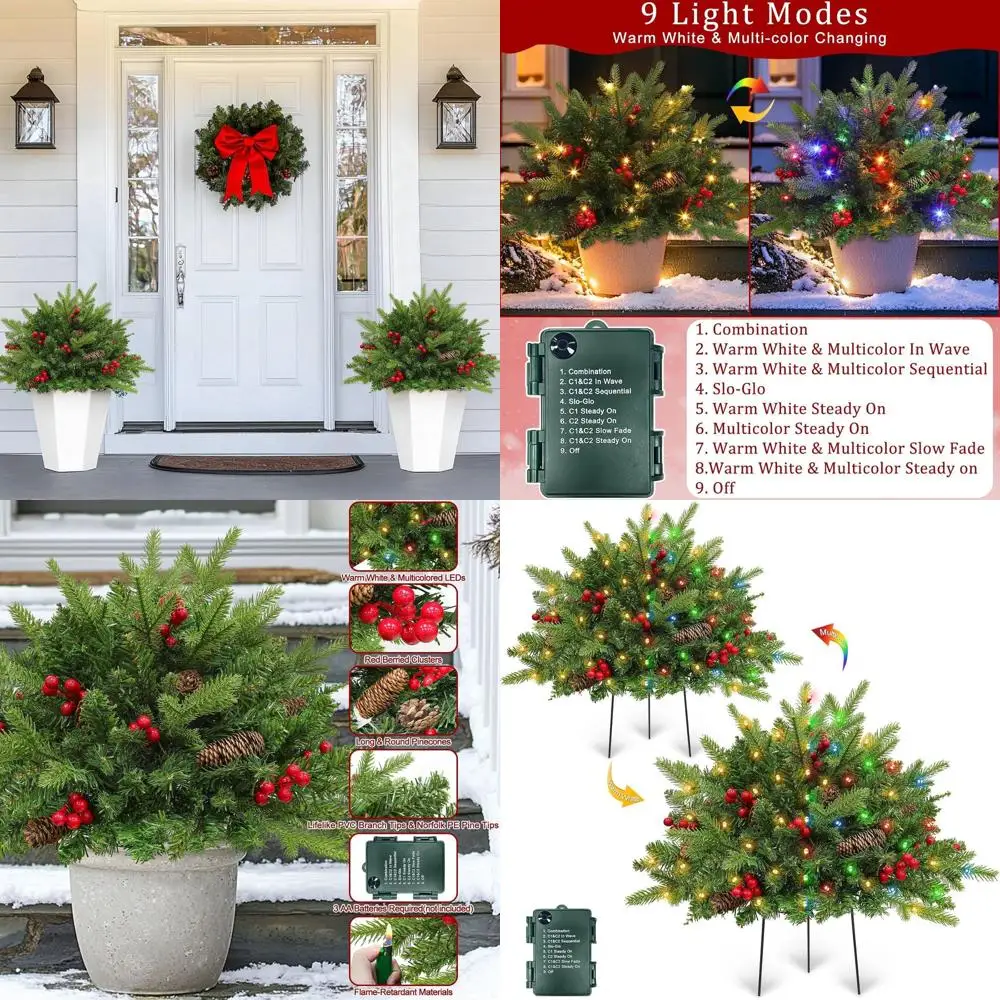 

24-дюймовая искусственная рождественская елка на батарейках с шишками, красными ягодами, теплыми и красочными огнями, 8 режимов, уличный декор f