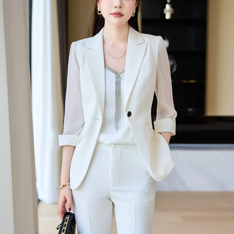 Women's Blazers Three-quarter Sleeves, Thin Casual Versatile, Ruffles, Mesh Sheer Sleeves Suit Set Office Workwear Sets Outifits