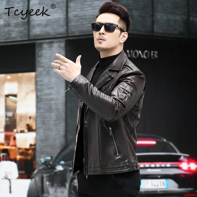 

Tcyeek Real Leather Jacket Men Clothing Autumn Mens Coats Top Layer Sheepskin Motocycle Jackets Oil Wax Trendy Jaqueta De Couro