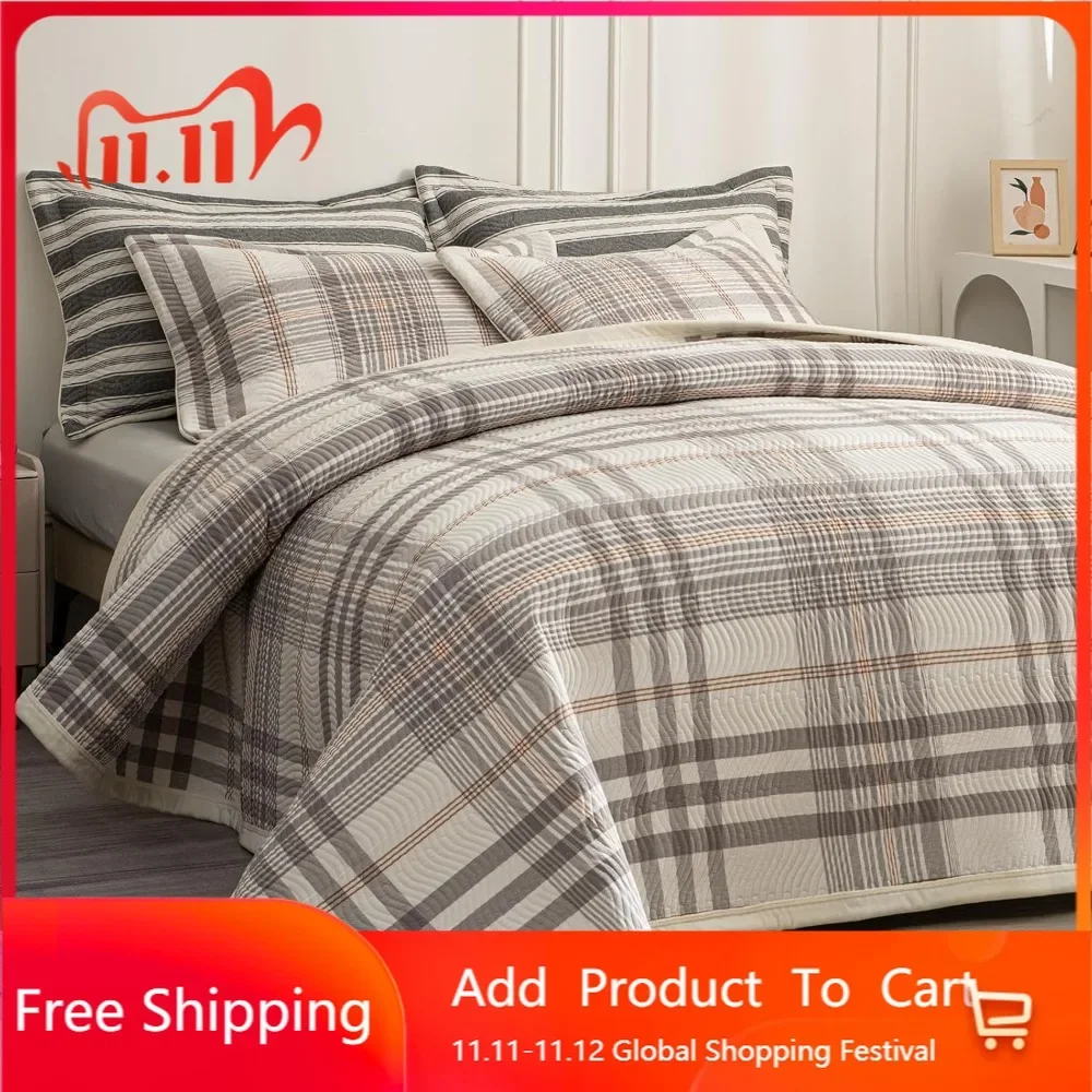 

Queen Size Cotton Plaid Bedding Set, Ultra Soft 3-Piece Coverlet with Pillow Shams, Reversible Lightweight Quilt