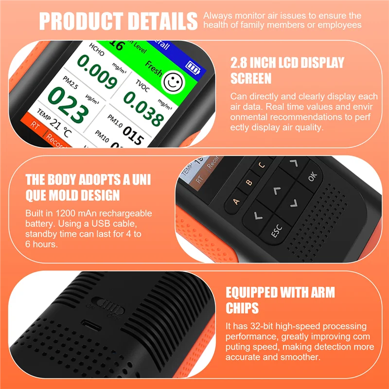 

L72A-детектор формальдегида, монитор качества воздуха PM 2,5, портативный дисплей, измеритель загрязнения воздуха, мини-тестер пыли для домашнего автомобиля