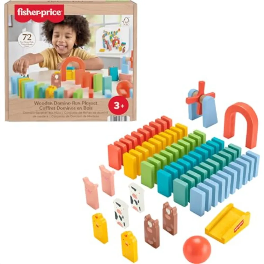 

FisherPrice Wood Preschool Game Domino Run Playset 72Piece Wooden Building Set for Ages 3+ Years