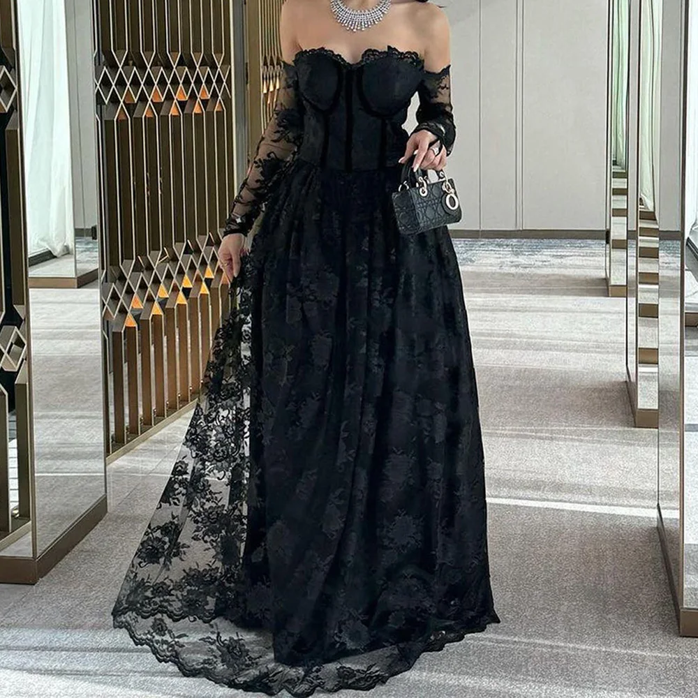 A-Line Sweetheart Detachable Sleeves Lace Black Exquisite and Temperament Evening Dresses Pleats Custom Size Saudi Arabia 2024