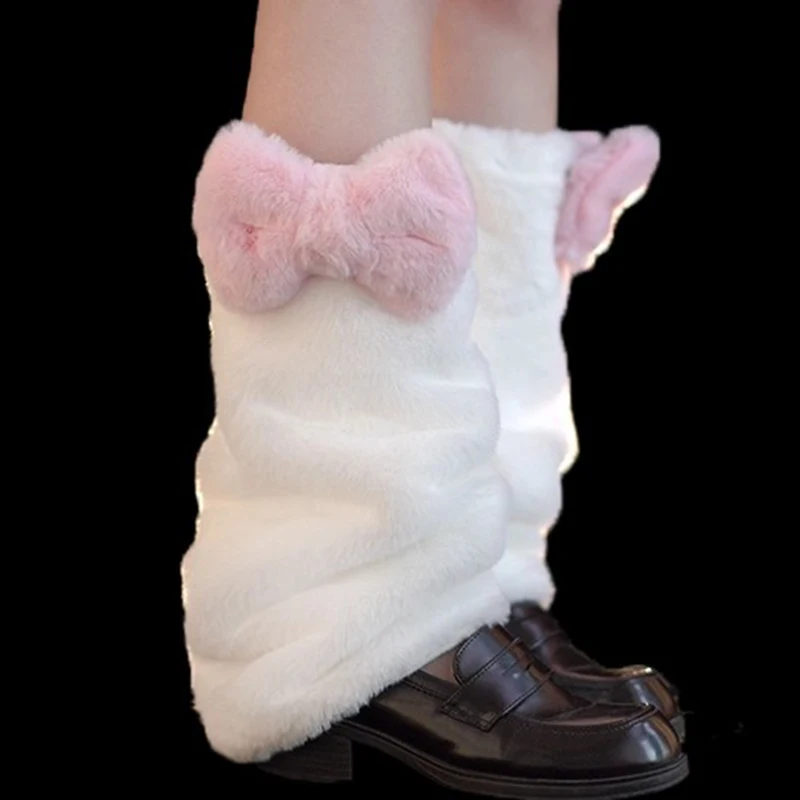 

Women Lolita Leg Warmers Pink Bow Plush Japanese Harajuku Style Girls Sweet Ruffles Leg Socks Winter Velvet Foot Warmer Socks