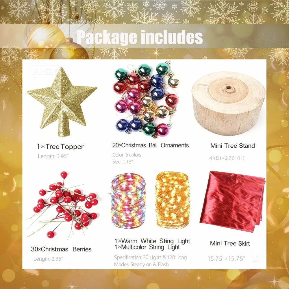 شجرة صنوبر صناعية صغيرة مقاس 24 بوصة لعيد الميلاد مع أضواء LED وحلي زخرفية لعرض عطلة الطاولة