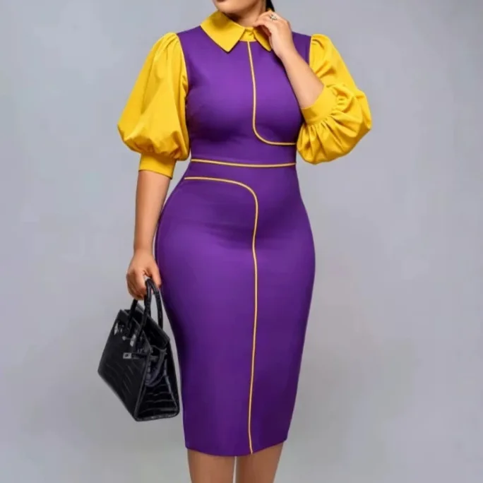 Fashionable New Puff Sleeve Dress, Color-blocking, Bodycon, Waist-cinching, Patchwork, Lady Pencil Skirt Robe Outfits