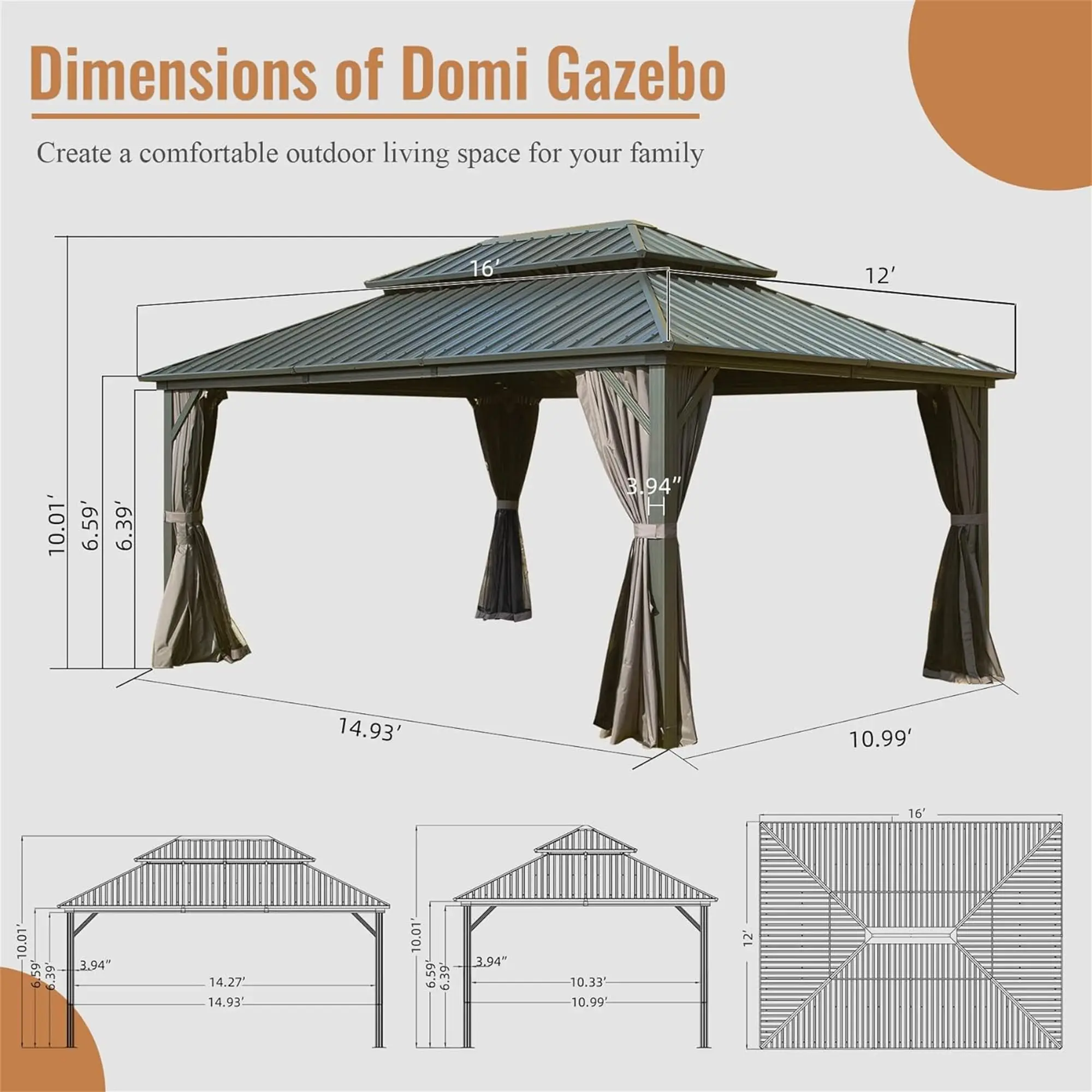 Hot Sale Custom Sustainable Double Roof Pavilion Aluminum Frame Outdoor Waterproof Hardtop Gazebo With Powder Coating