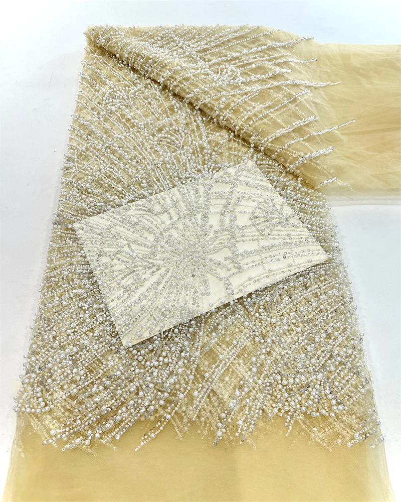 

African Beaded Lace Fabric 2025 High Quality Groom Lace Fabric for Wedding Dress Tulle Mesh Sequins Lace Fabrics 5 Yards