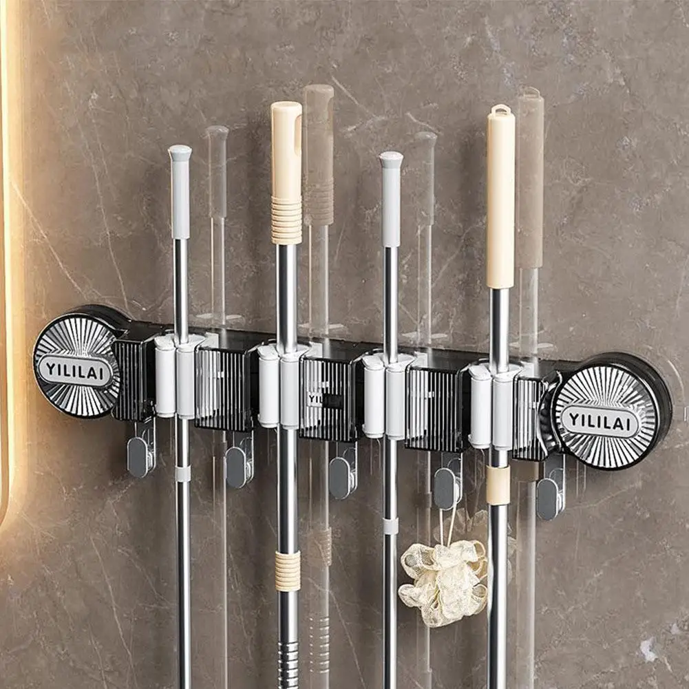 ABS Mop Holder Broom Hanger Wall Mounted 4 Position Brush Support Non Punching No Trace Paste Broomstick Hook Storage Rack