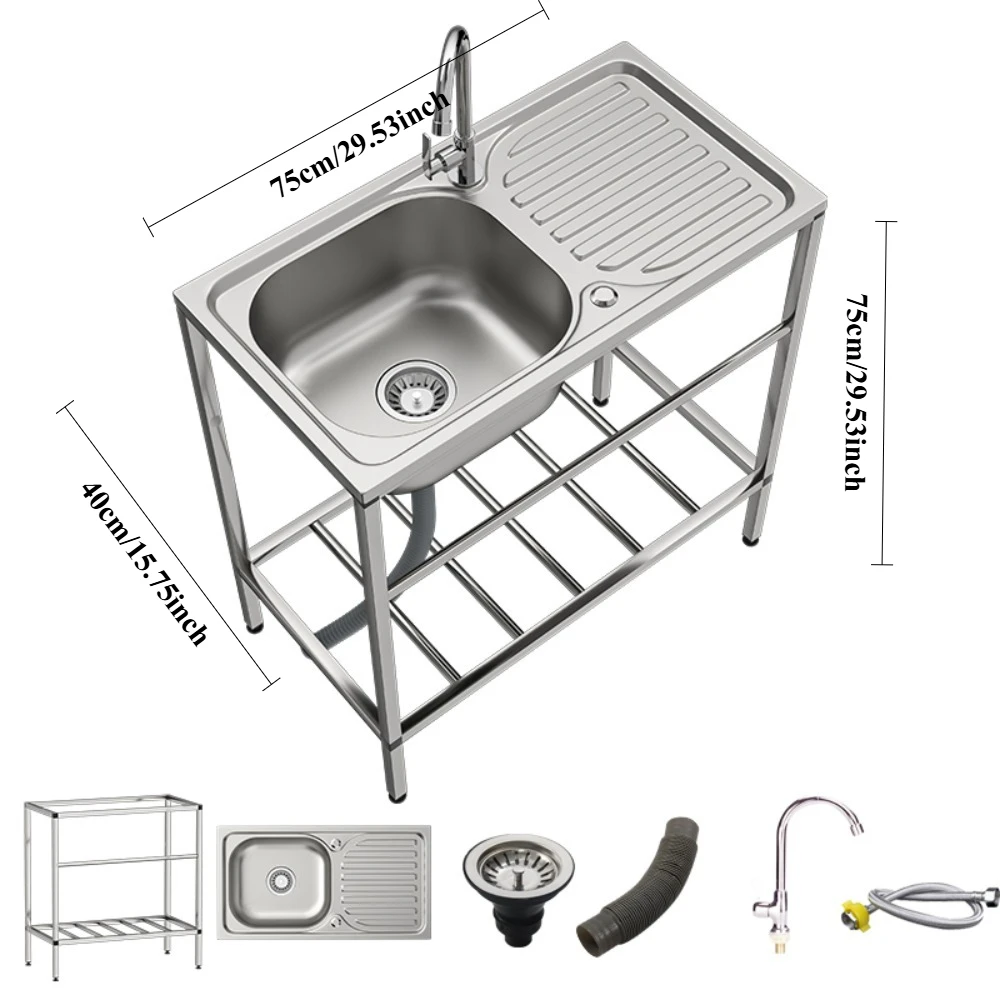 Free Standing Single Bowl Commercial Kitchen Sink Set w/Faucet Utility Washing Hand Basin Workbench Storage Shelf Indoor Outdoor
