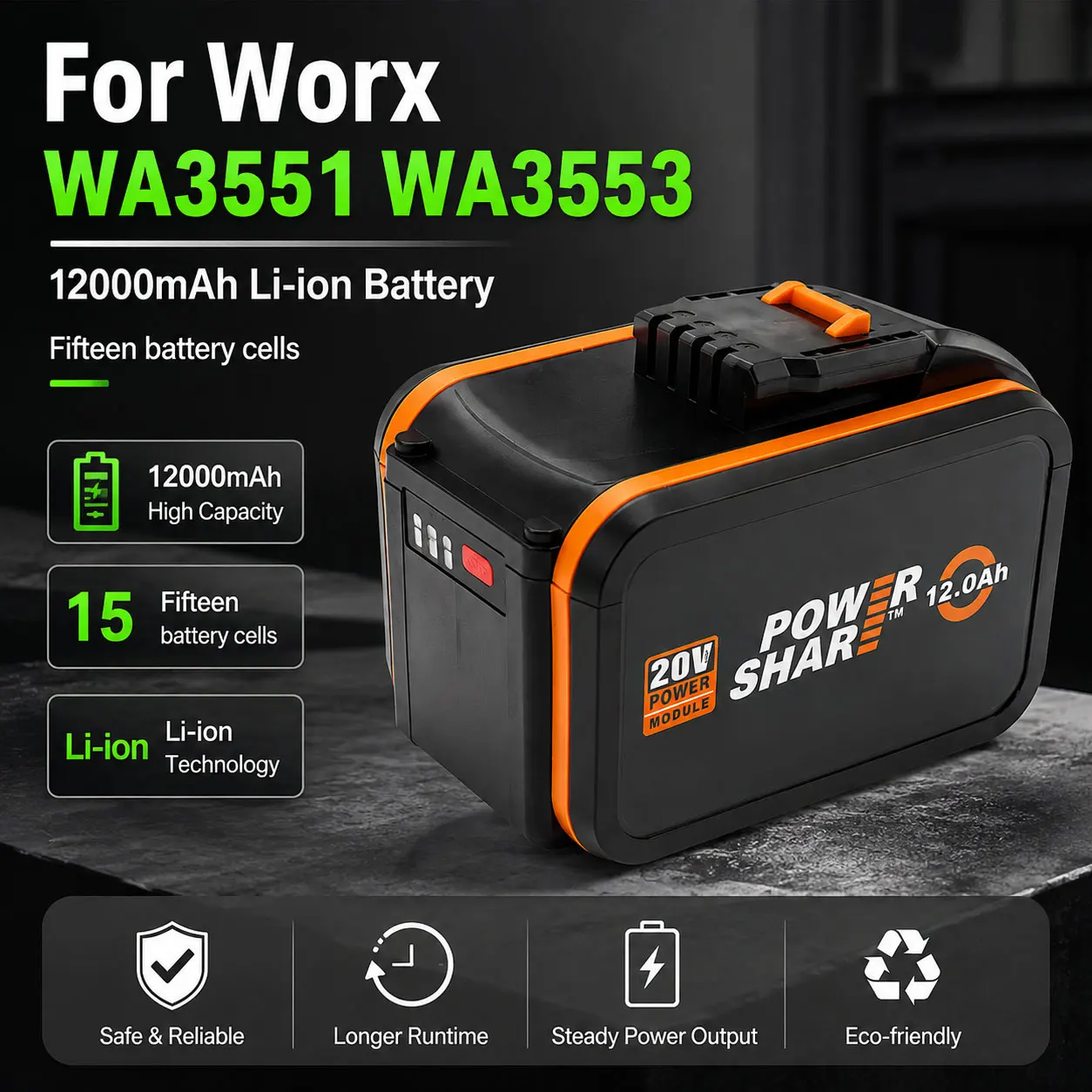 Elektrowerkzeug-Akku 20V 12,0Ah Lithium-Ionen Ersatz für Worx WA3553 WA3551 WA3570 WA3014 WA3516 WA3549 WA3550 WA3560 WA3561 WA3641 WX390 WX176