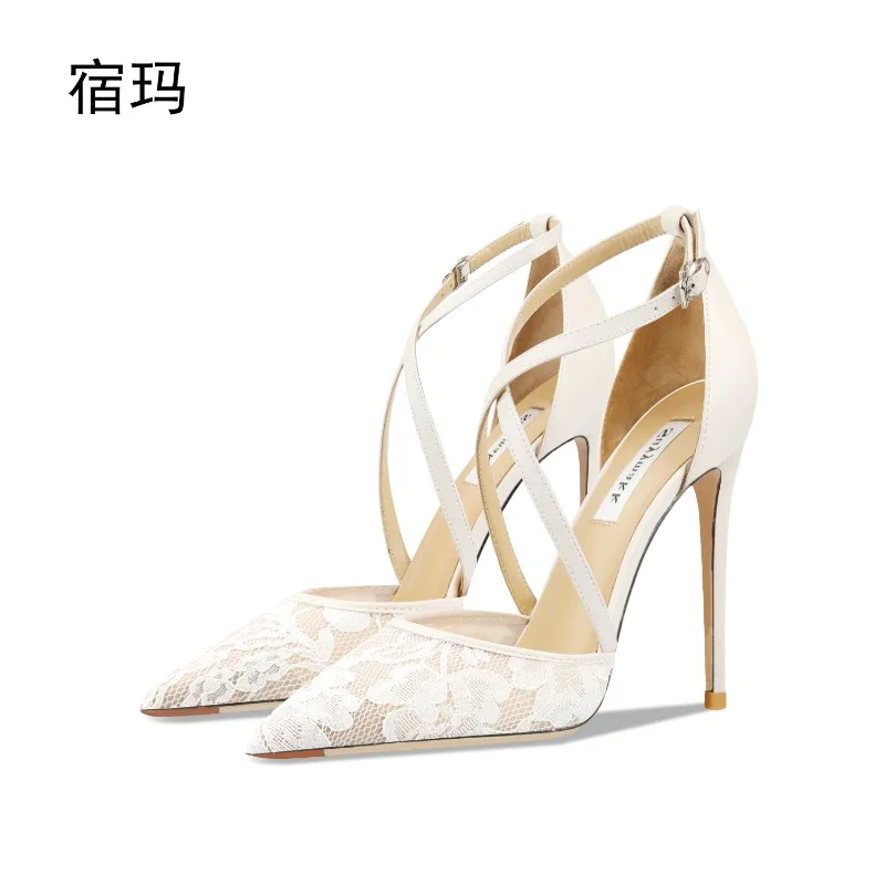 

White lace high-heeled sandals 2025 new light-mouth thin-heeled pointed sexy versatile temperament single shoes