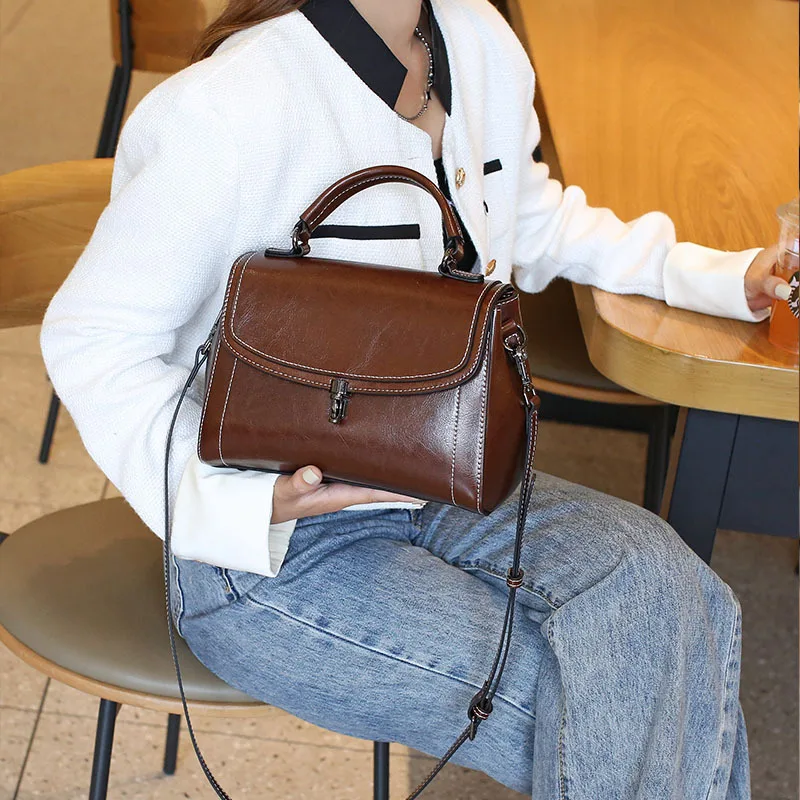 Genuine leather crossbody portable small bag women 2023 new soft cowhide large capacity wide shoulder strap single shoulder bag