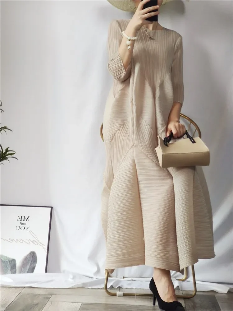 Miyake Pleated Bud Dress 2023 Spring Summer Lantern Long Dress Plus Size New Loose Bud Dress Causal Elegant Aesthetic Clothes