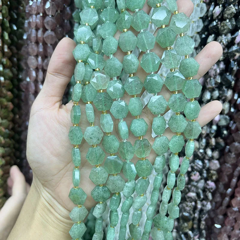 Natural 12mm Green Strawberry Quartz Irregular Loose Beads For Jewelry Making Hexagon Section DIY Necklace Bracelet 15''