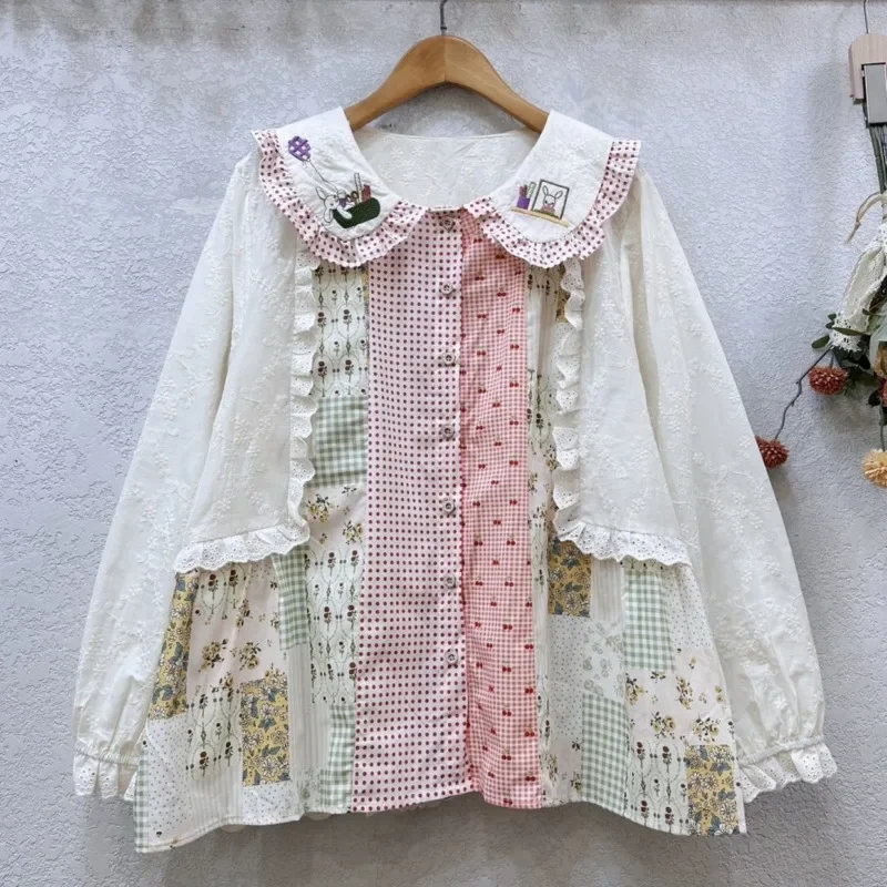 Embroidery Flower Top Women Doll Forest Lace Y2K Sweet Fresh Shirt Patchwork Heavy Cotton Long Sleeved Doll Collar Loose Top New