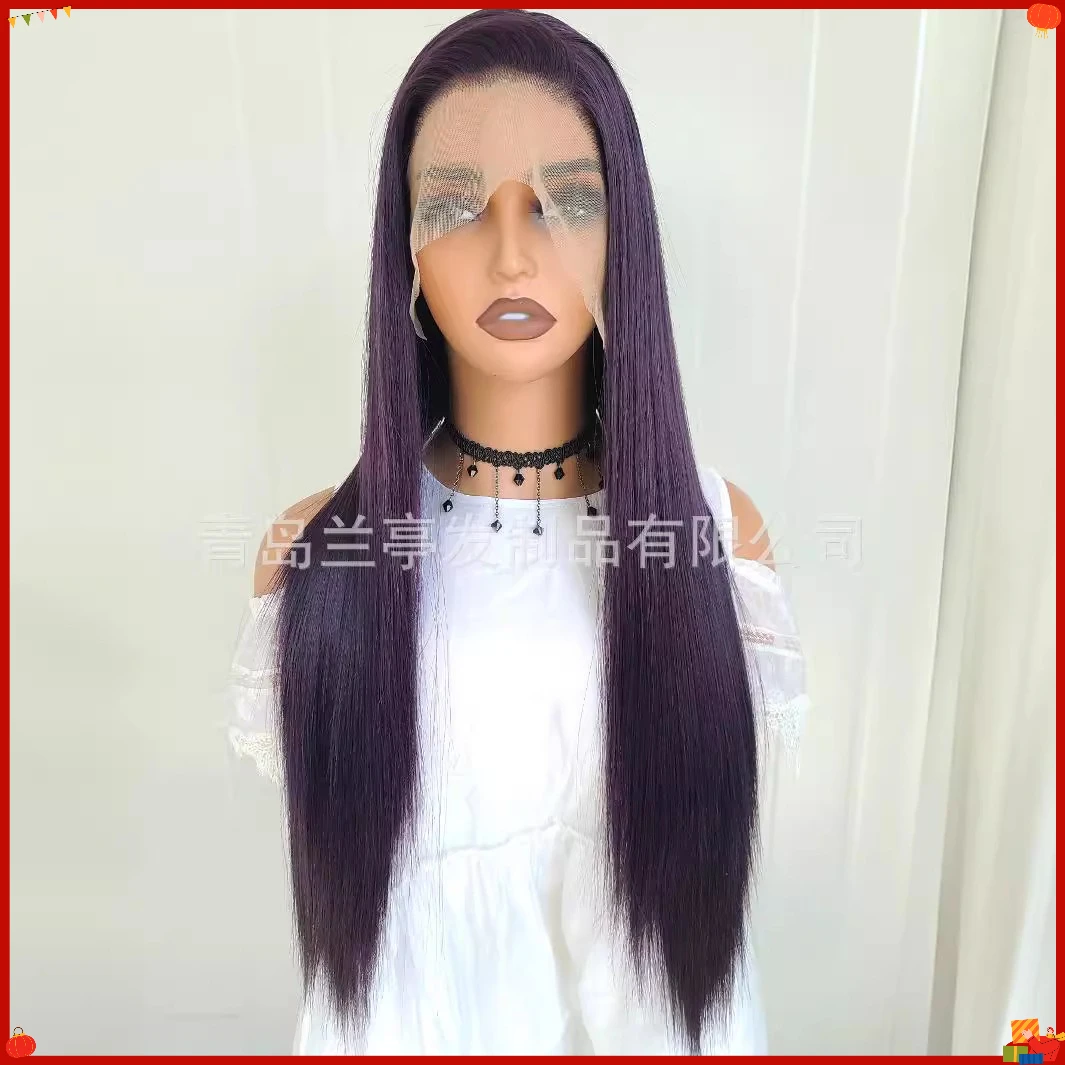 Synthetic Long Straight Lace Front Wig Hand Tied Dark Purple Mixed Fiber Natural Style for Cosplay Party Daily Use