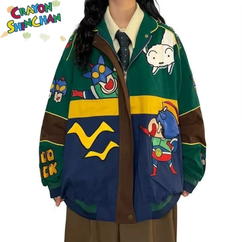 Spring and Autumn Crayon Shin Chan American Retro Long Sleeved Motorcycle Baseball Jacket Cartoon Casual Loose Zipper Jacket