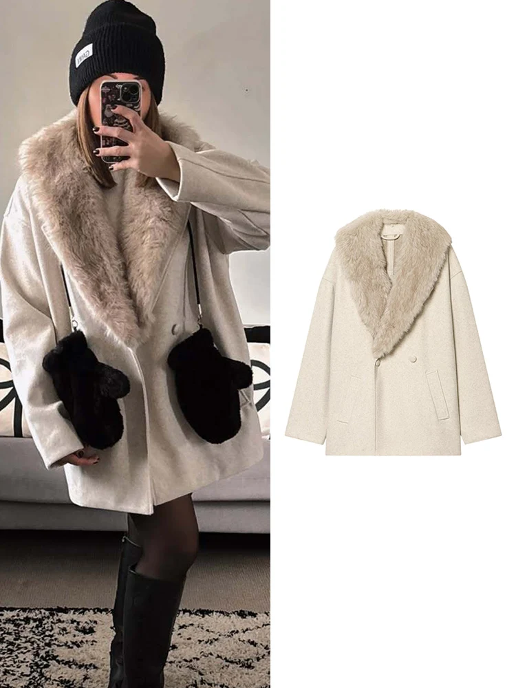 

﻿ Winter New Women Double Breasted Woolen Coat Elegant Solid Faux Fur Collar Spliced Loose Fit Jacket Casual Lady Outerwear