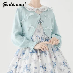 Lolita Short Sweater Cardigan Jacket New Autumn Sweet Girl Women's Retro Knitted Coat Pure Color Cute Bow Knitwear Tops