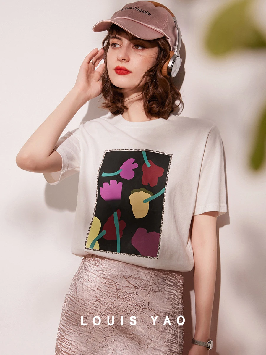 

LOUIS YAO Women Tee 2024 Summer 100% Cotton T-shirt Print Flower Round Neck Short Sleeve Loose Causal Pullover Basic T-shirt Top