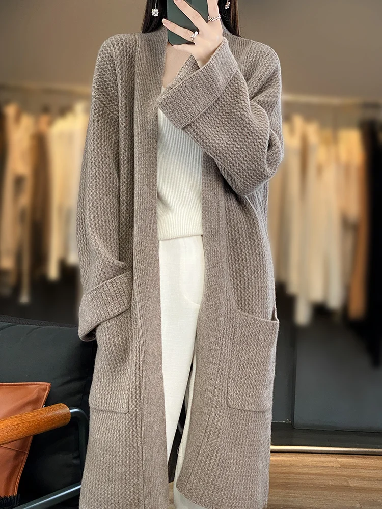 

High Quality Autumn Winter Women Sweater Office Lady Solid Knitted Cardigan 100% Merino Wool Long Outerwear Cashmere Clothing