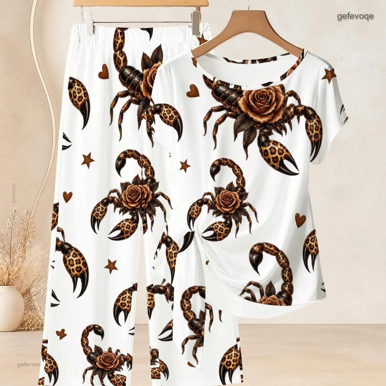 Women Printed Two Piece Set, Round Neck Short Sleeve Top and Long Pants, White Base with Scorpion Rose Heart Star Pattern