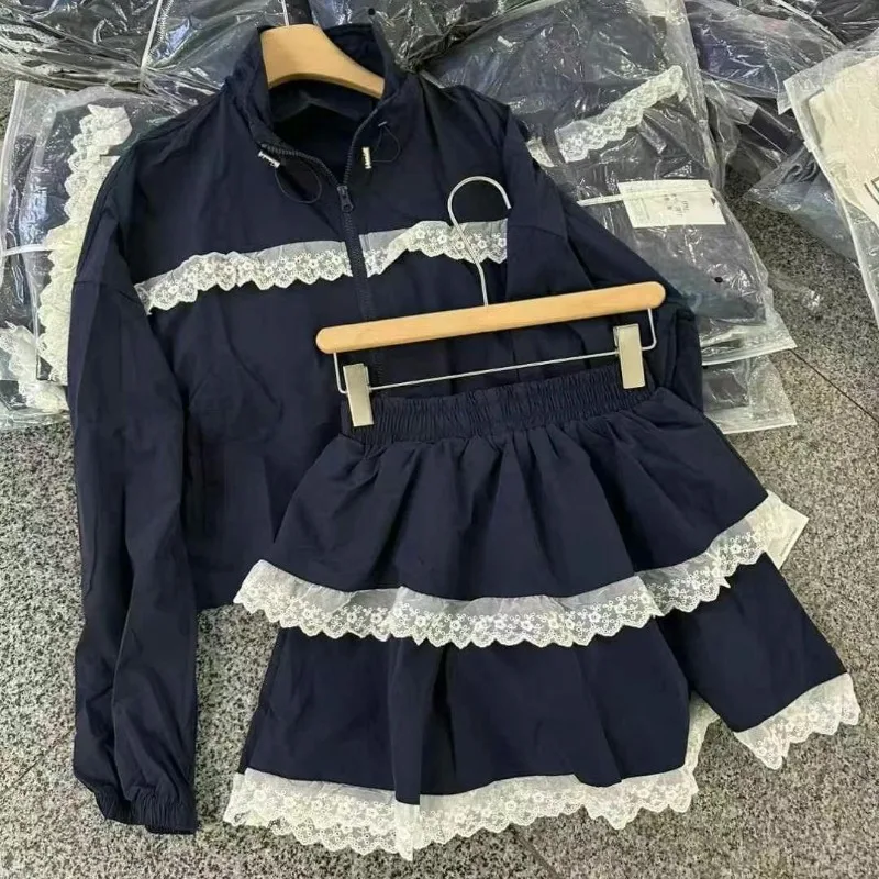 

Y2k Loose Long Sleeve Lace Patchwork Top for Women+ Double Layered A-line Cake Skirts 2025 Early Autumn New Two Piece Sets