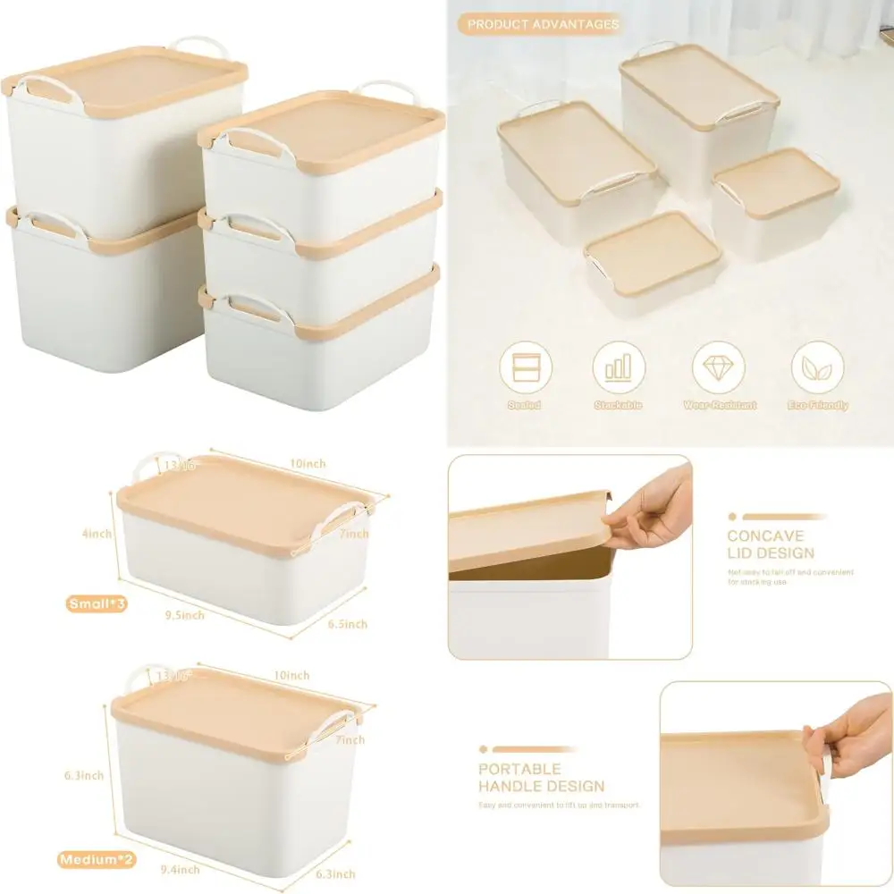حاويات تخزين بيضاء كبيرة مكونة من 5 قطع مع أغطية وصناديق تنظيم بلاستيكية للمنزل والمكتب