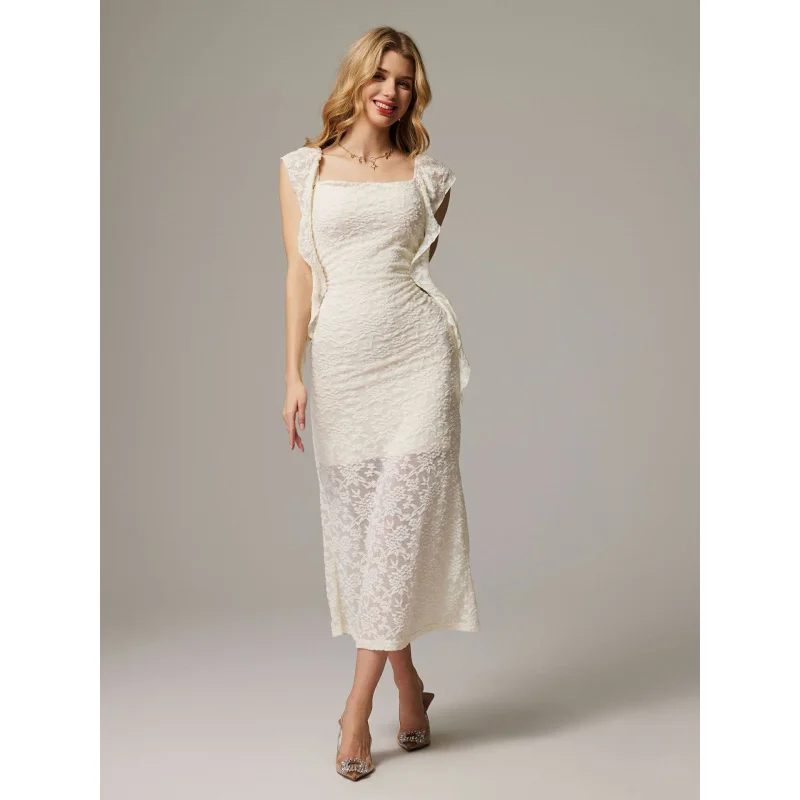 Women 2025 Summer New French Vintage Lace High Waist Dress Short Sleeve With Flounce Elegant Slim Fit Gown for Ladies