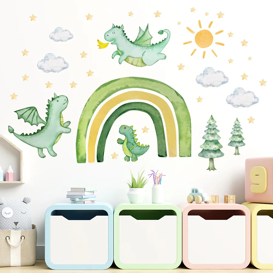 Cartoon Green Rainbow Flying Dragon Wall Stickers Cute Dinosaur Sun Cloud Decals Self-adhesive for Baby Bedroom Boys Room Decor