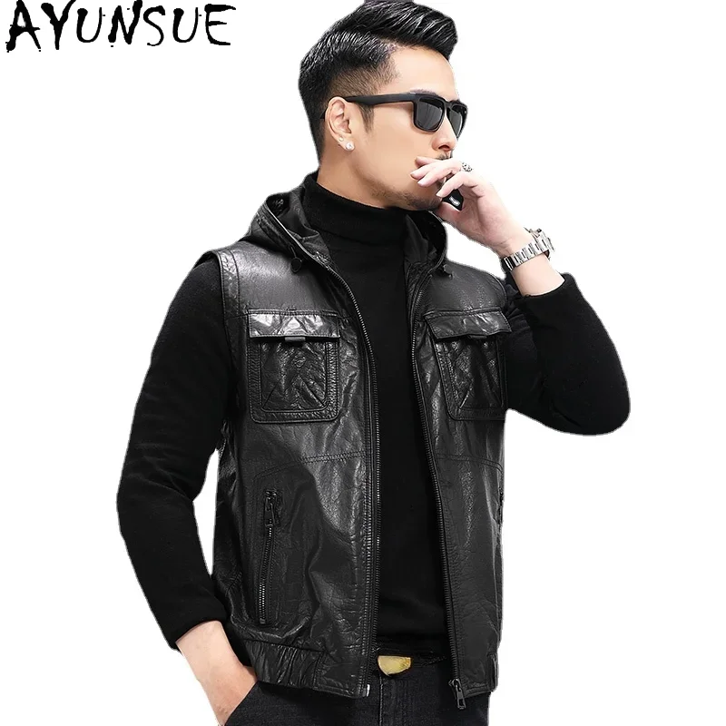 

AYUNSUE Real Cowhide Leather Jacker for Men Style Genuine Leather Coat Sleeveless Male Short Korean Outwear New Veste Cuir Homme