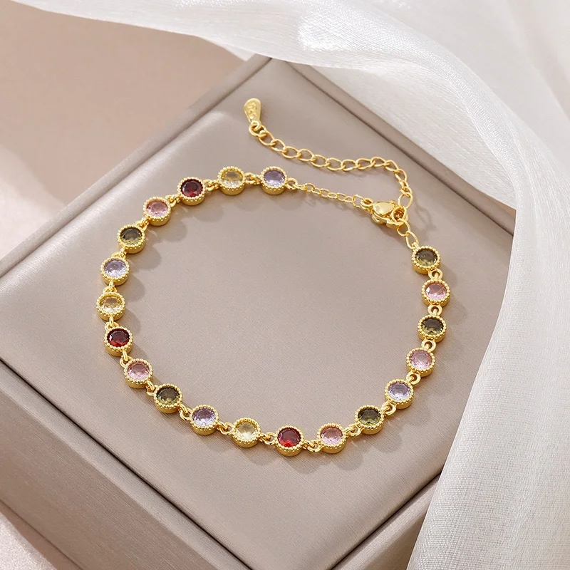 

925 Sterling Silver Rainbow Zircon Round Chain Charms Bracelets Woman Couple Designer Jewelry Accessories Wholesalea Jewellery