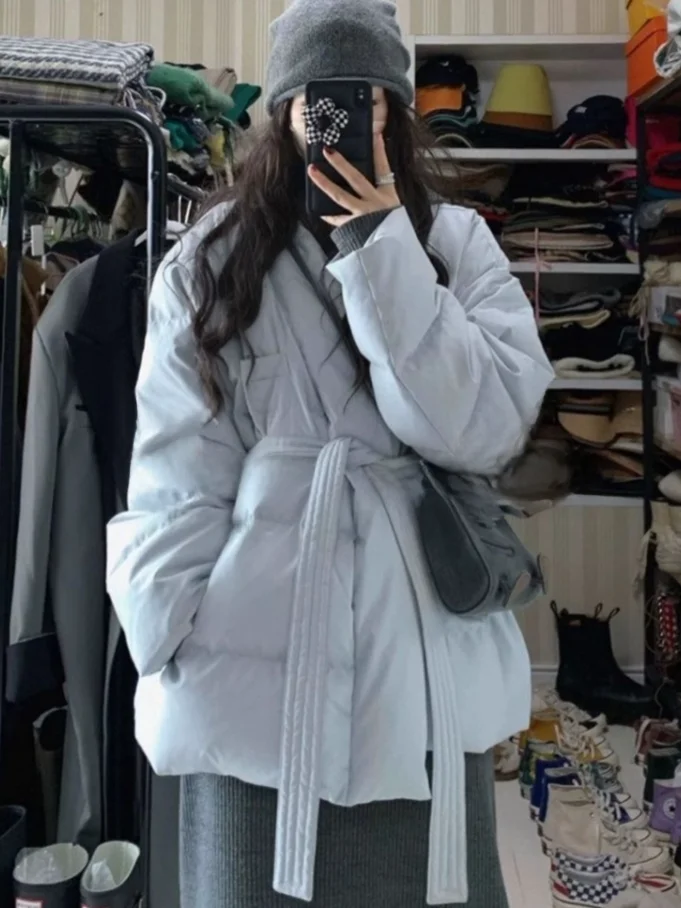 

Retro American Blue Fleece Lined Women's Bathrobe with Belt Autumn Winter New Style Cotton Jacket Slimming Design Coat