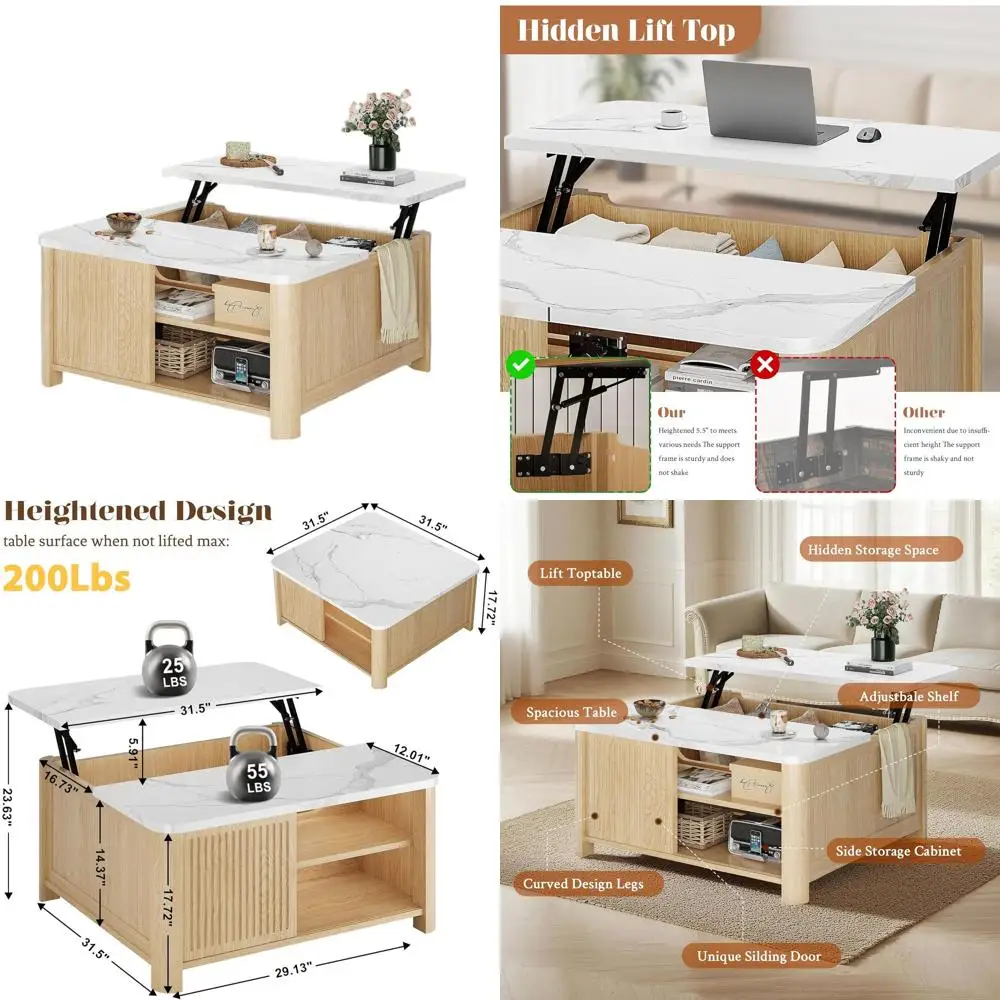 

Mid-Century Modern Lift-Top Coffee Table, 31.5 Oak Square Storage, Adjustable Shelves & Sliding Door