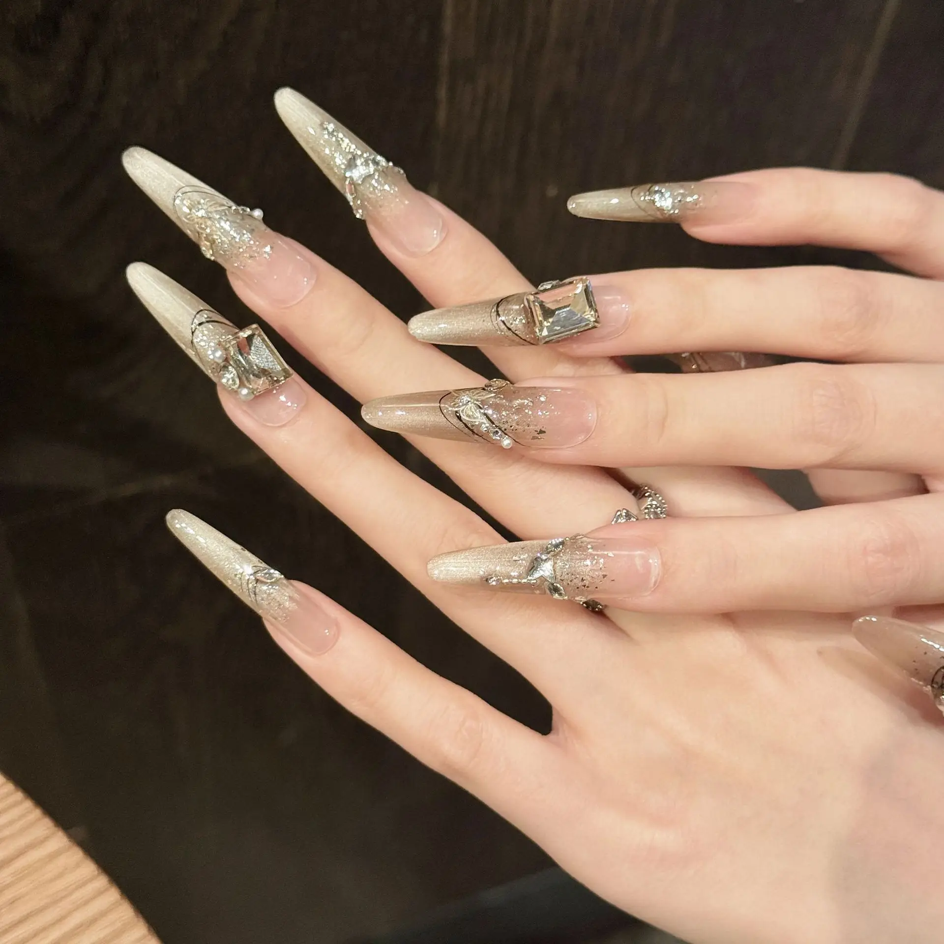 10 pièces à la main longue ovale presse sur ongles poudre brillante strass conception faux ongles portable couverture complète français faux ongles conseils