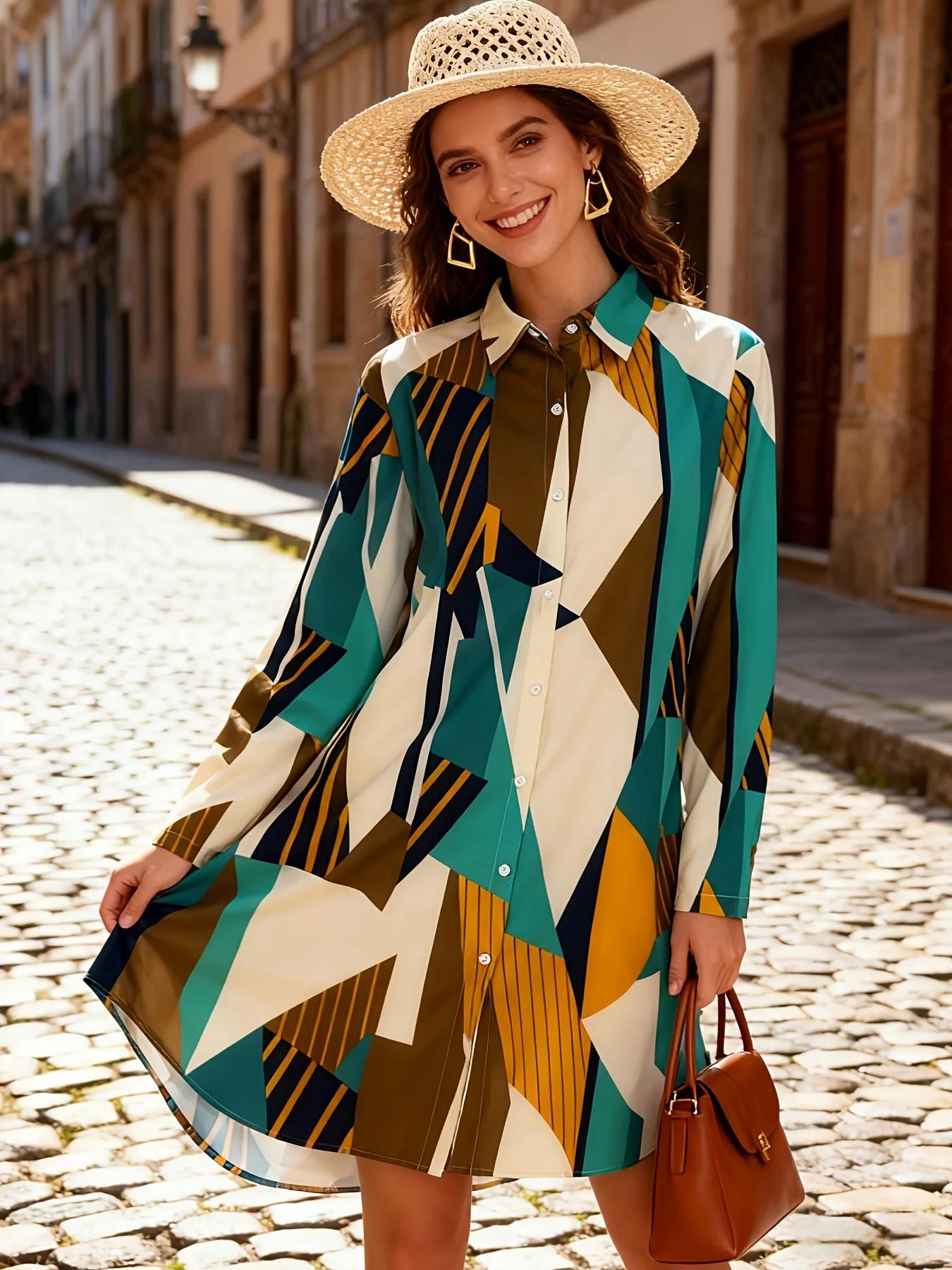 Langärmliges Hemdkleid im Lässigen Urlaubsstil Übergroßes Knopfleistenkleid für Damen Sommer Herbst Mode A-Linien-Kleid