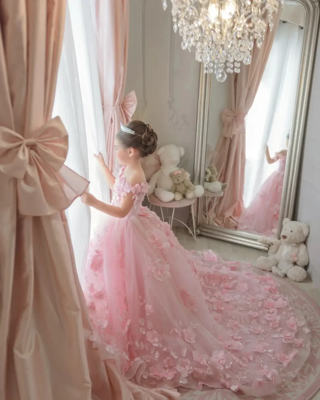 Vestido de tul hinchado para niña de las flores, apliques 3d, perlas rosas de lujo, vestido de princesa para fiesta de cumpleaños, vestidos de baile, 2024