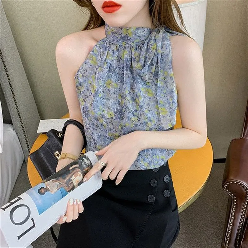 Floral Print Bow Lace Up Elegant Chic Sweet Sleeveless Shirts 2023 Summer Fashion Sexy Off Shoulder Slim Top Blouse Women Blusas