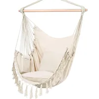 Hammock Chair Hanging Rope Swing, Max 500 Lbs, 2 Cushions Included, Large Macrame Hanging Chair with Pocket, Cotton Weave