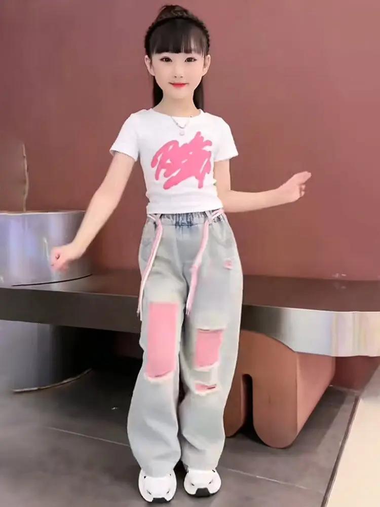 Girl 2-Piece Set Graffiti Print T-Shirt + Ripped Jeans Girls Spring/Summer Outfit Short/Long Sleeve Optional Kids Two-Piece Set