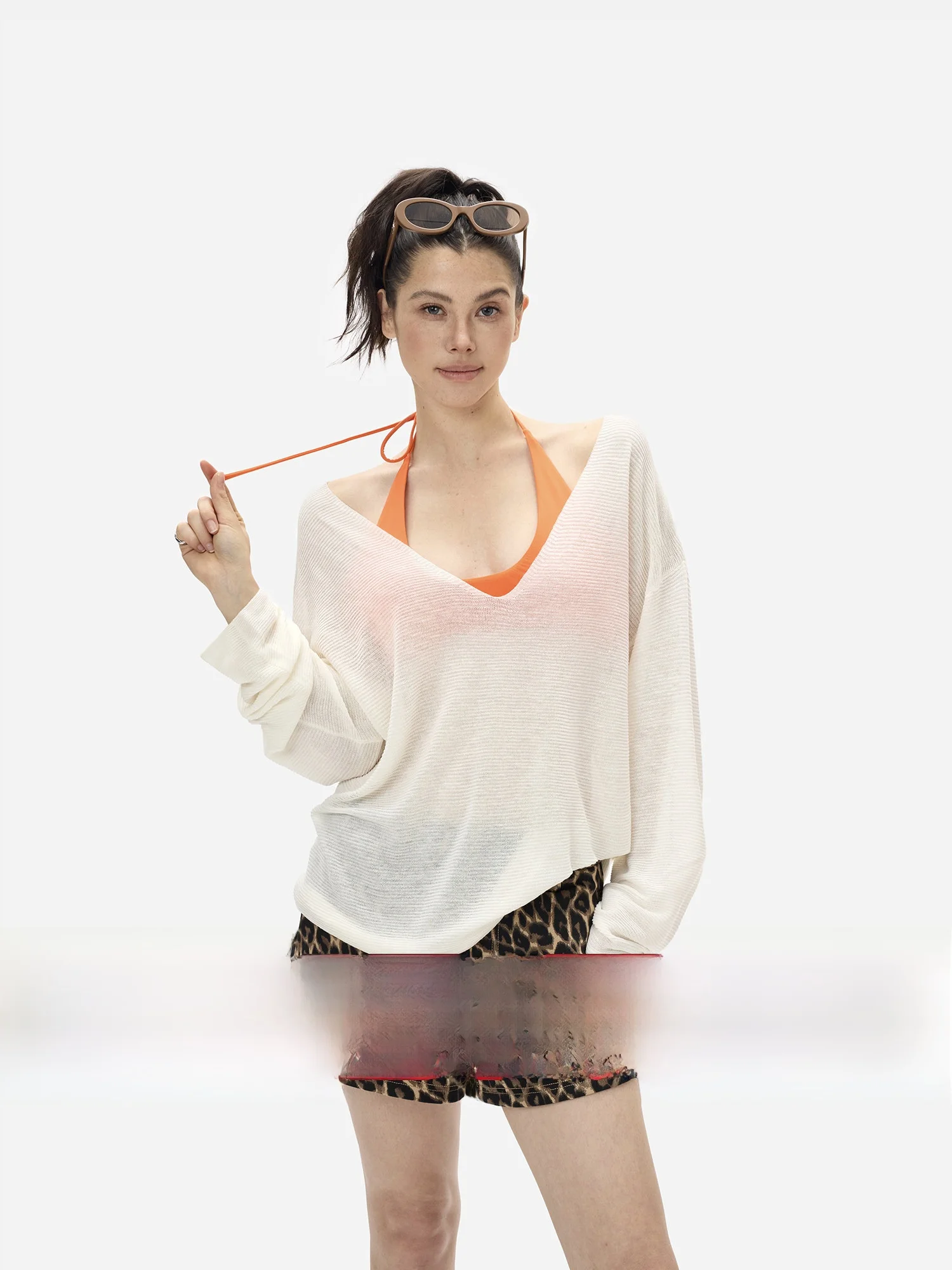 

eGuYue Summer Linen Long Sve T-irt Deep V-Ne Me Cover up Sun Protection Breathable Transparent Ladies Top