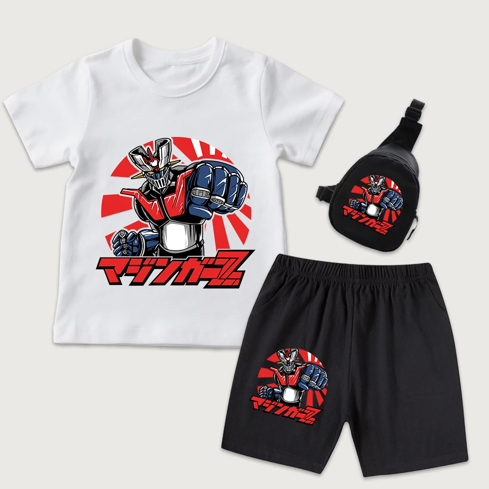 Mazinger Z Anime Print Kids Cotton T Shirt and Shorts Set with Mini Chest Bag 3 Piece Set for Boys Girls Casual Summer Outfit