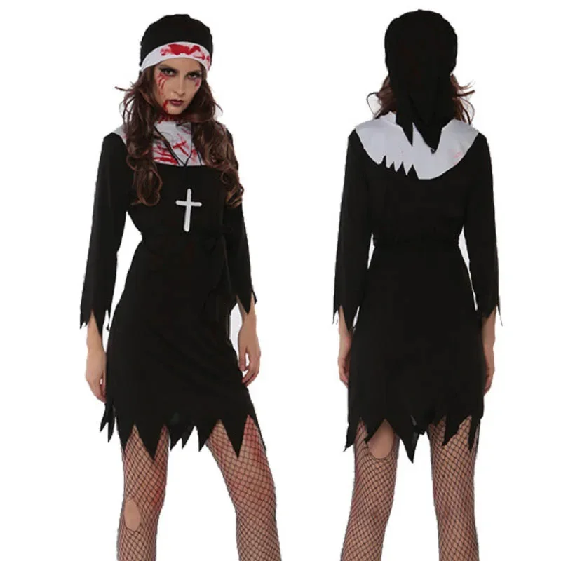 Costume de nonne sanglante pour femme, robe de paupières noire courte, olympiques de religion arabe, uniforme de fantôme de moine, réglable, effrayant, sexy, Halloween